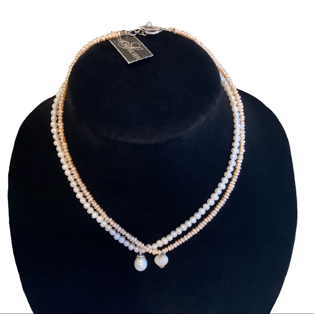 NWOT Sterling Silver & Faux Peach Pearl Necklace with Crystal Accent Pen…